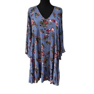 Natural Life Boho Floral Swing Dress Gauzy Bell Sleeve Tiered V Neck SZ L/XL